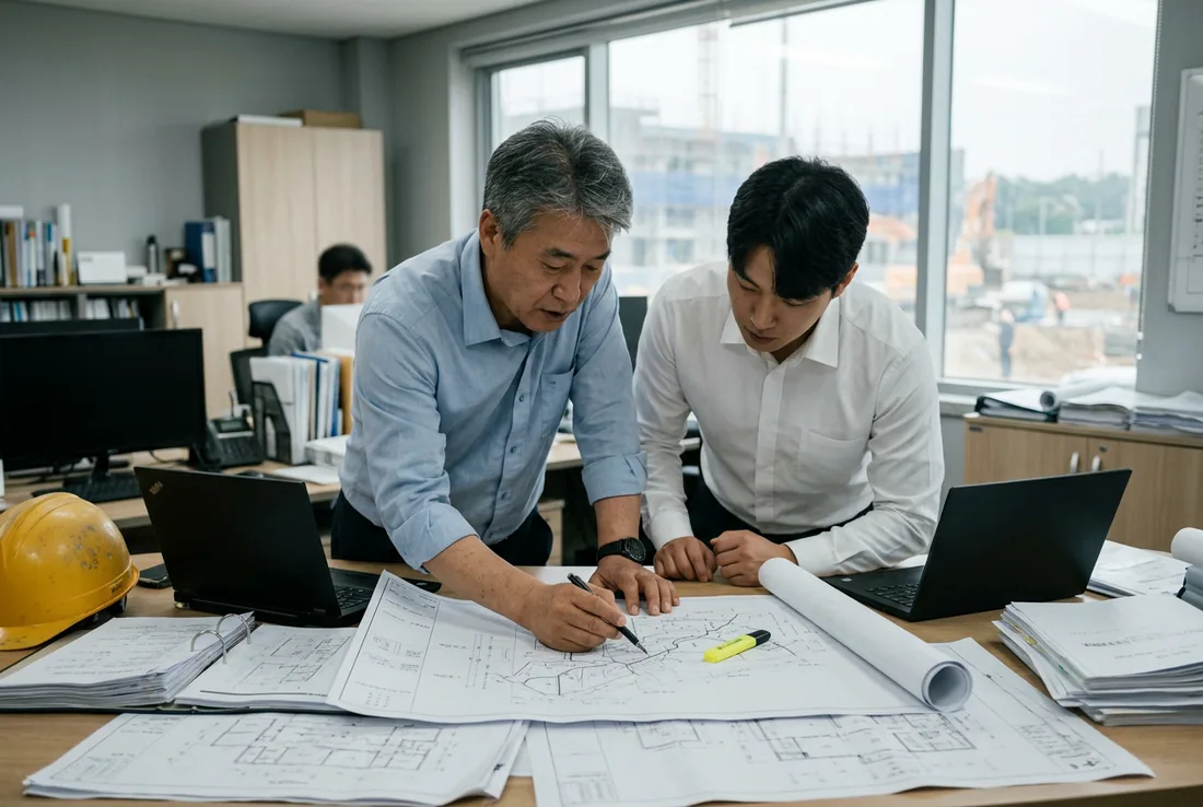 설계 도면과 계약 서류를 검토하는 건설사 실무진