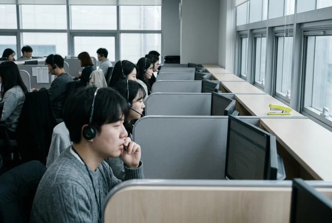 헤드셋을 착용하고 상담 중인 고객센터 상담원들