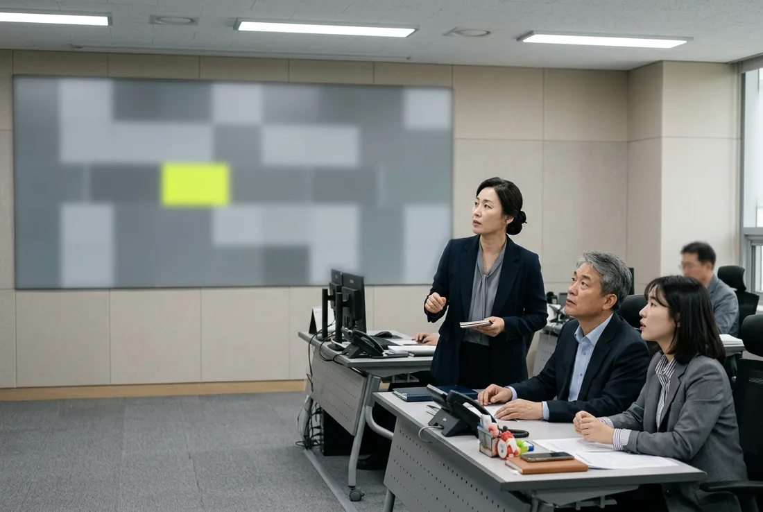 공공기관 상황실에서 대형 화면을 보며 업무 중인 직원들
